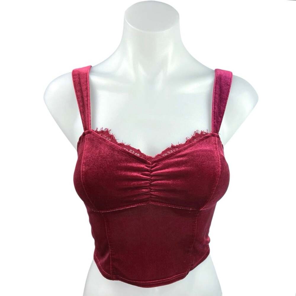 Abercrombie & Fitch Red Velvet Velour Sweeheart Cinched Smocked Crop Top Size XS